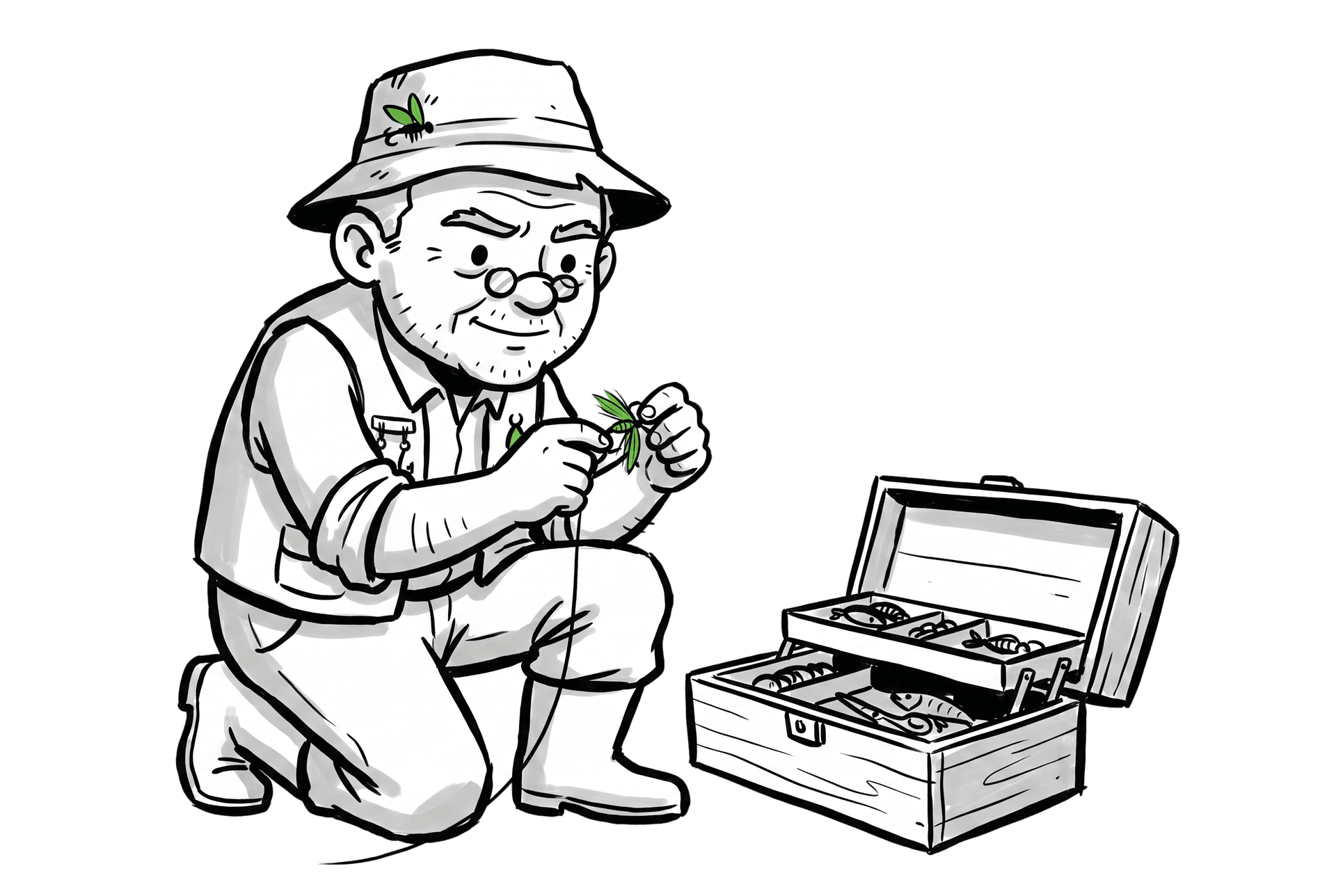 Gramps the fisherman kneeling by his tackle box, tying on a hand-tied lure