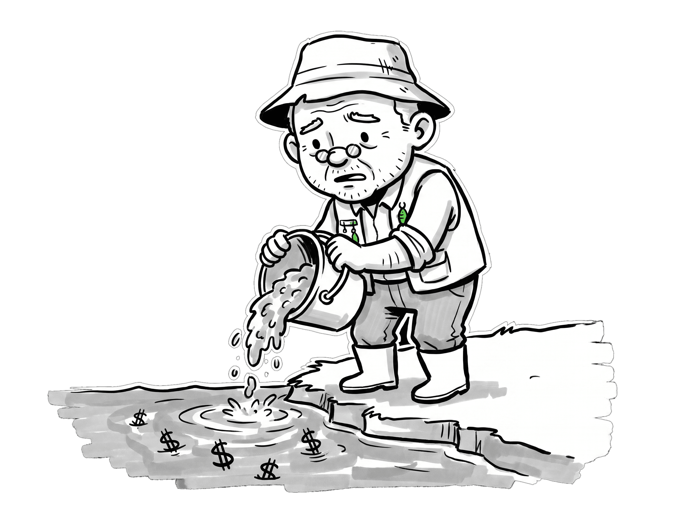 Gramps pouring bait into empty water with dollar signs sinking