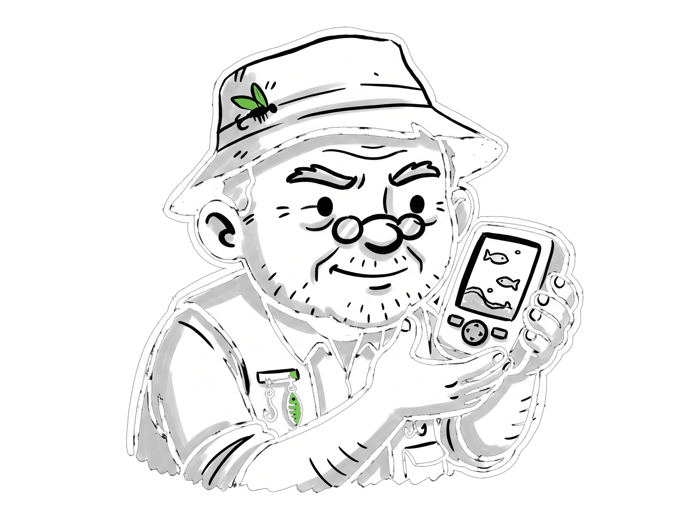 Gramps reading a handheld fish-finder sonar device